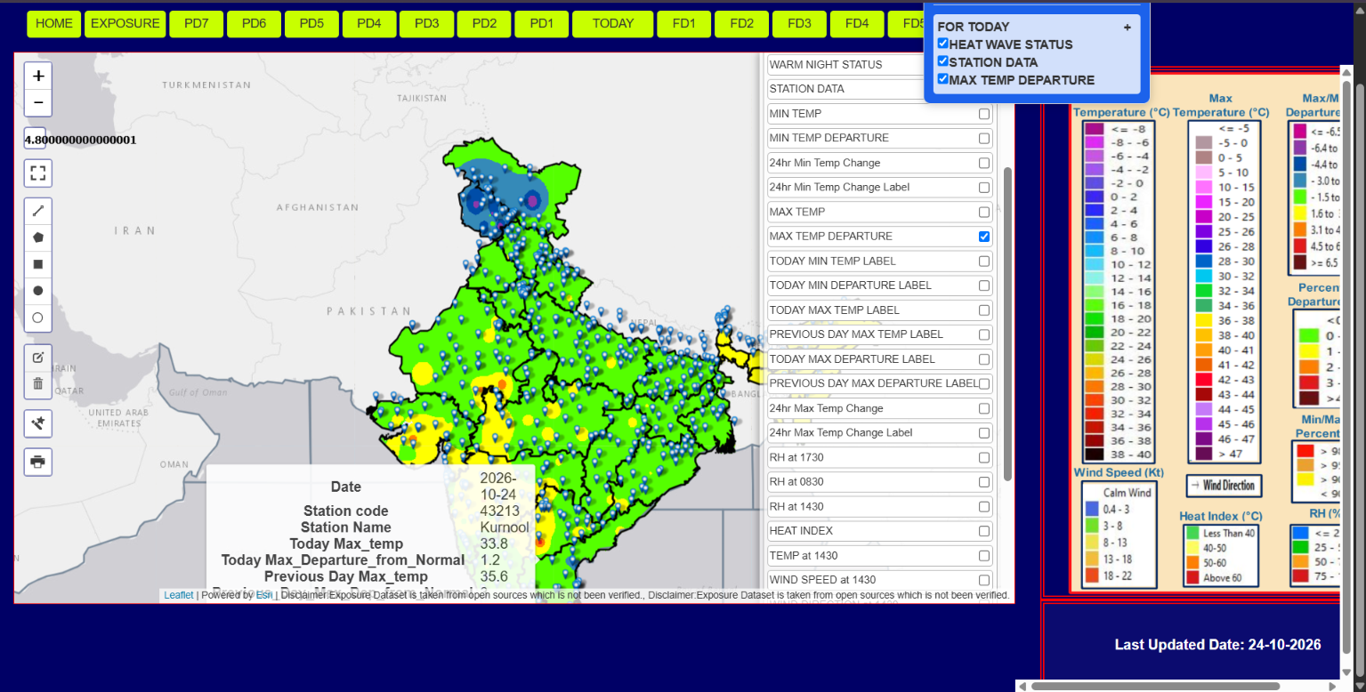 RadShield Earth dashboard: interactive map of India with heat-wave zones, weather station markers, parameter checkboxes and colour legends