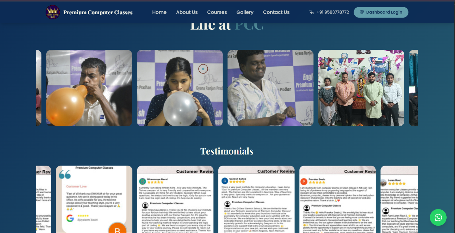 Premium Computer Classes website: dark navy header with navigation and Dashboard Login, Life at PCC photo carousel, and Google review testimonials
