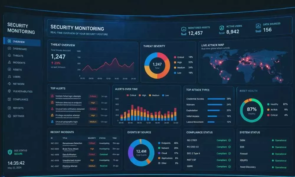 Security operations dashboard illustration: dark navy interface with threat overview graph, live attack map, alert list, incident table and compliance status